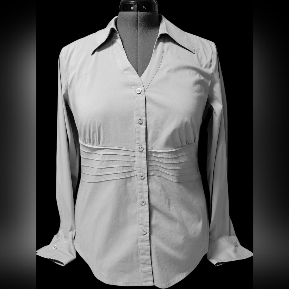 Alfani Button Down Gray Pleated Detail Blouse Size 10